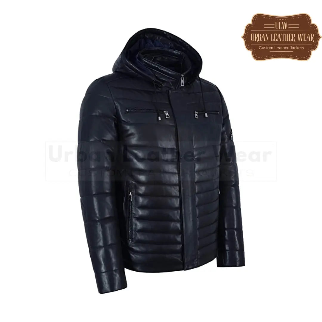 Men Puffer Bomber Jacket Navy Blue with leather, featuring a front YKK zip closure and two outer pockets, offering warmth and style with a puffer design.