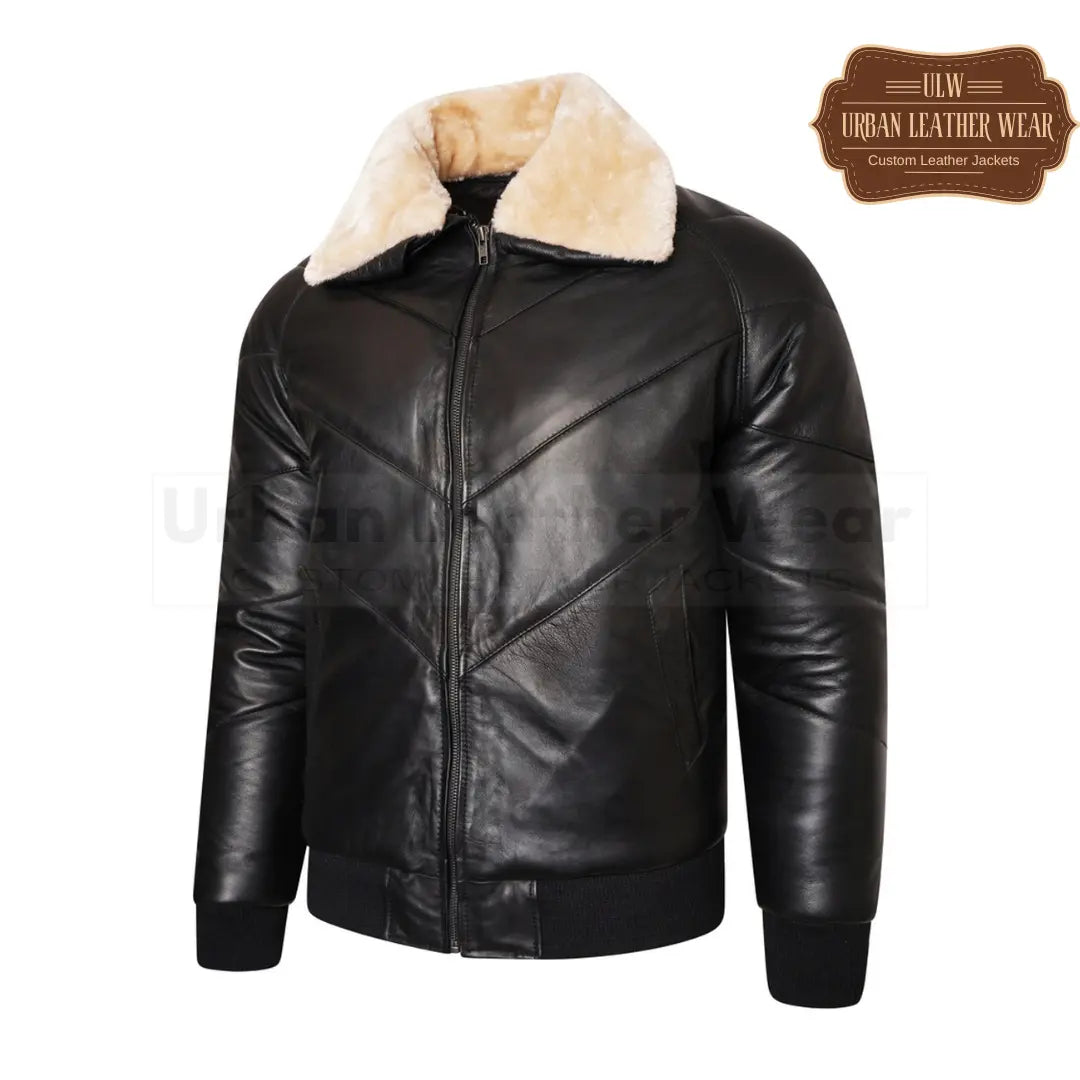 Men Quilted leather V Bomber Jacket