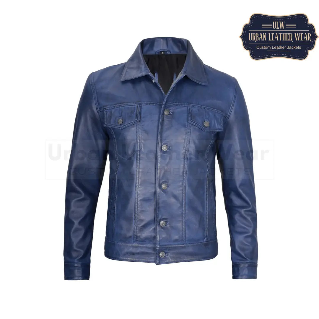 Shop our Men Real Leather Blue Trucker Jacket, inspired by the iconic Levis design.