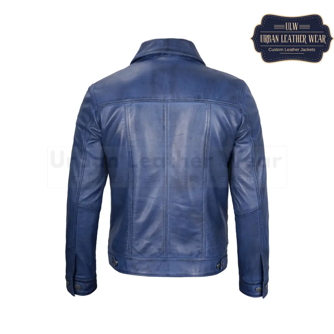 Shop our Men Real Leather Blue Trucker Jacket, inspired by the iconic Levis design.