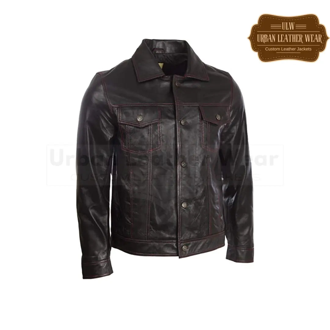 Shop Men Real Leather Classic Trucker Fashion Jacket featuring a bold black and red stitch design.