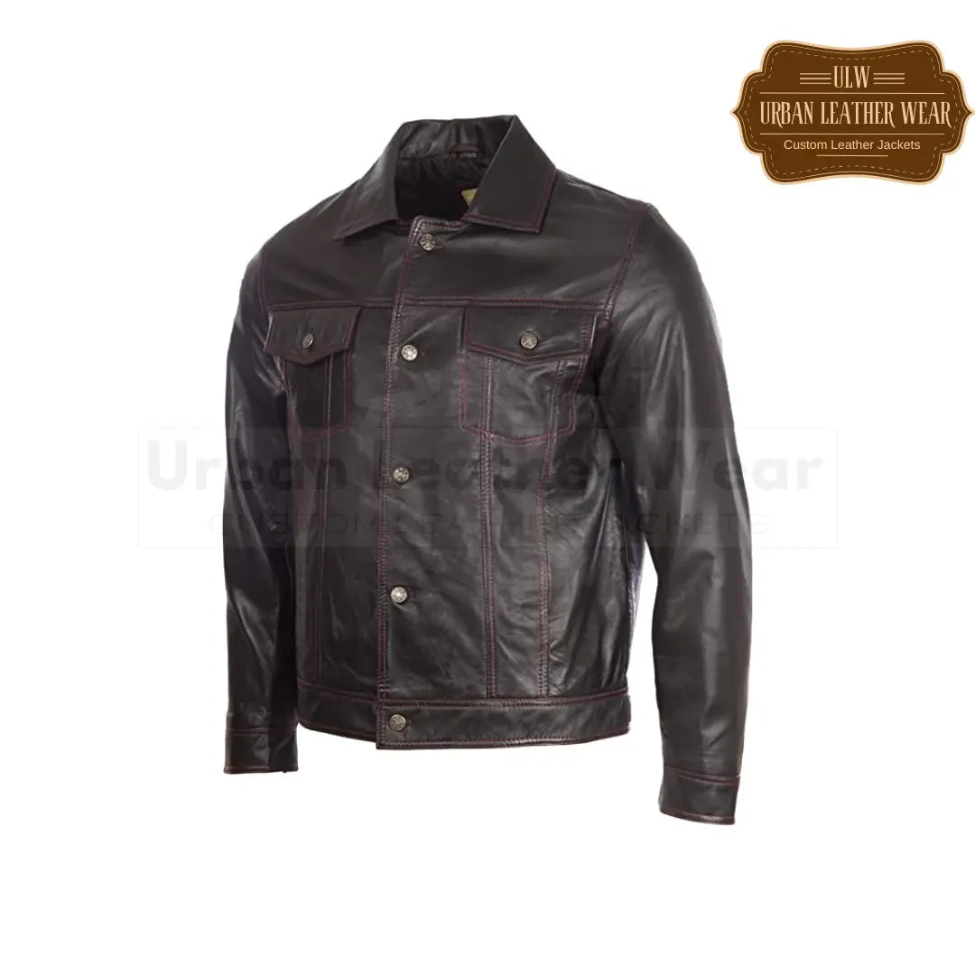 Shop Men Real Leather Classic Trucker Fashion Jacket featuring a bold black and red stitch design.