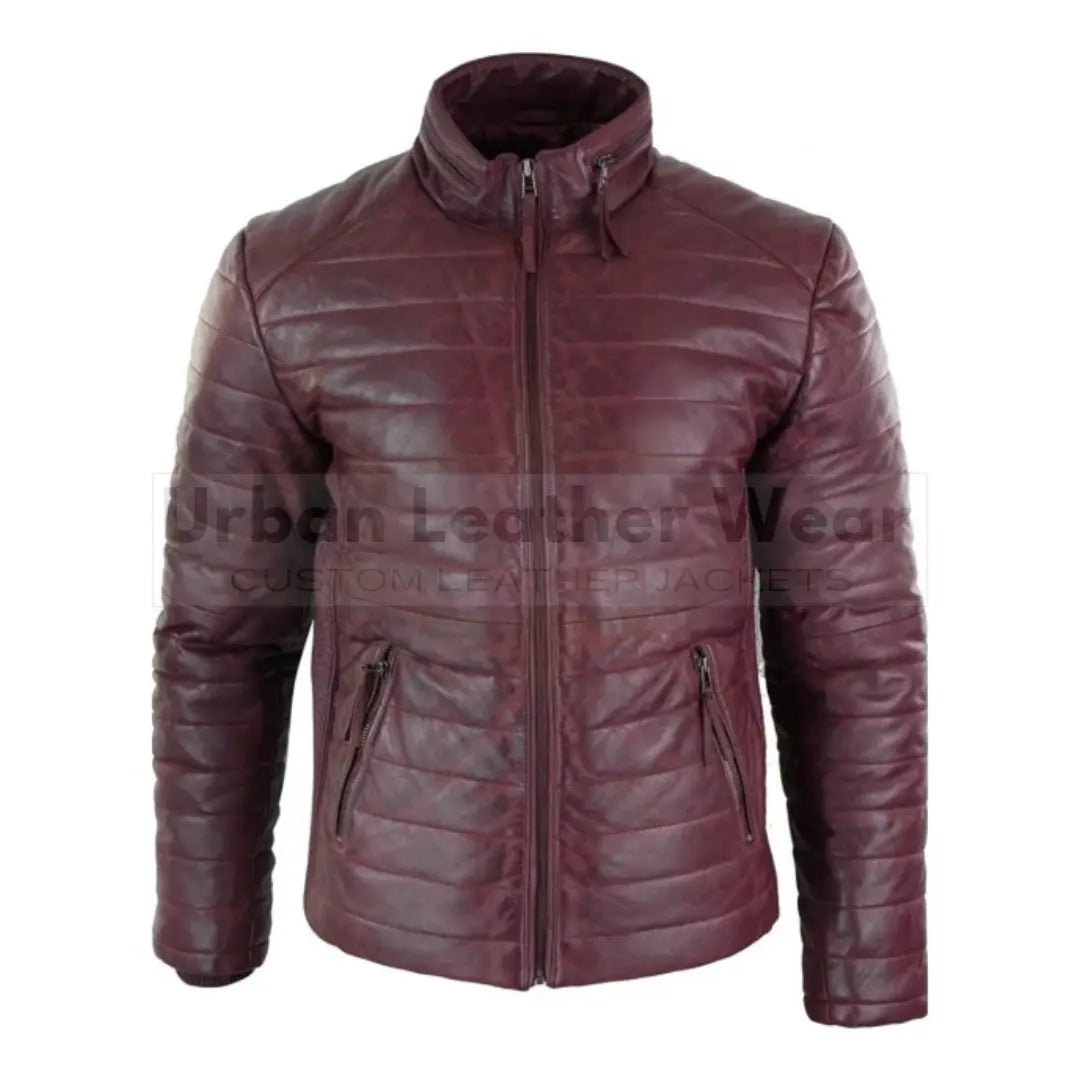 Men Real Leather Genuine Quilted Puffer Zipped Jacket Burgundy
