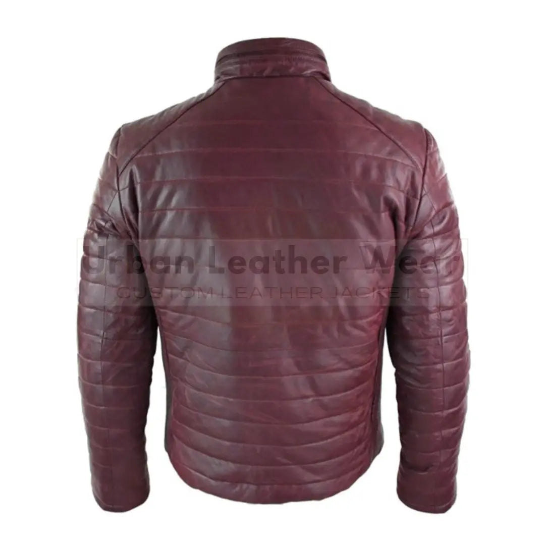 Men Real Leather Genuine Quilted Puffer Zipped Jacket Burgundy
