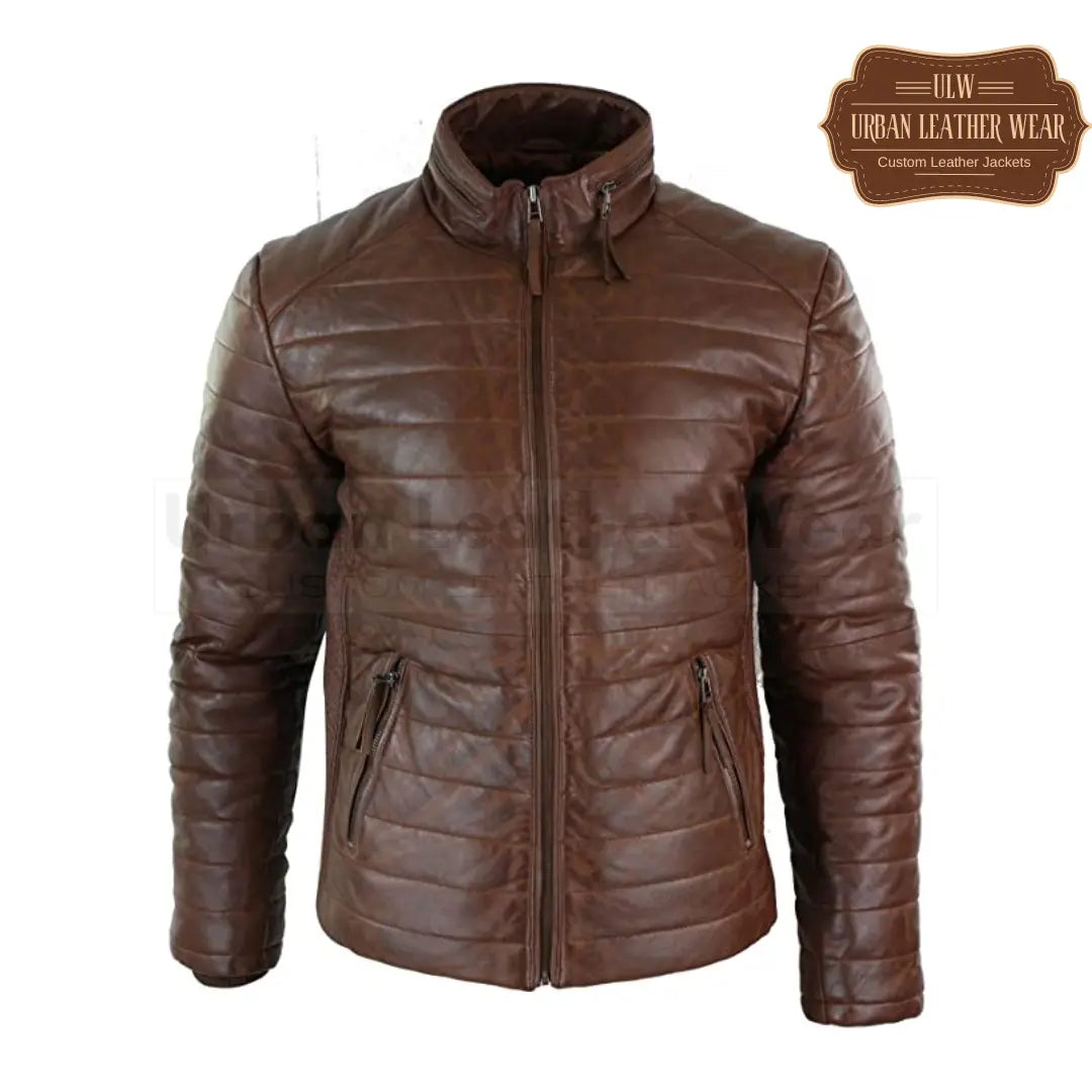 Men Real Leather Quilted Puffer Zipped Jacket Brown

