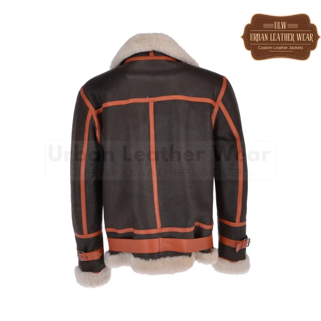 Men Shearling Flying Leather Jacket Brown Orange