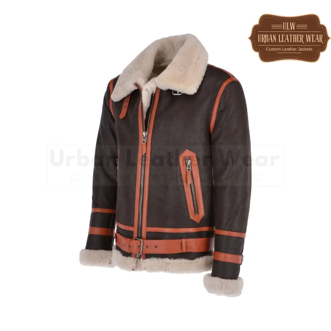 Men Shearling Flying Leather Jacket Brown Orange