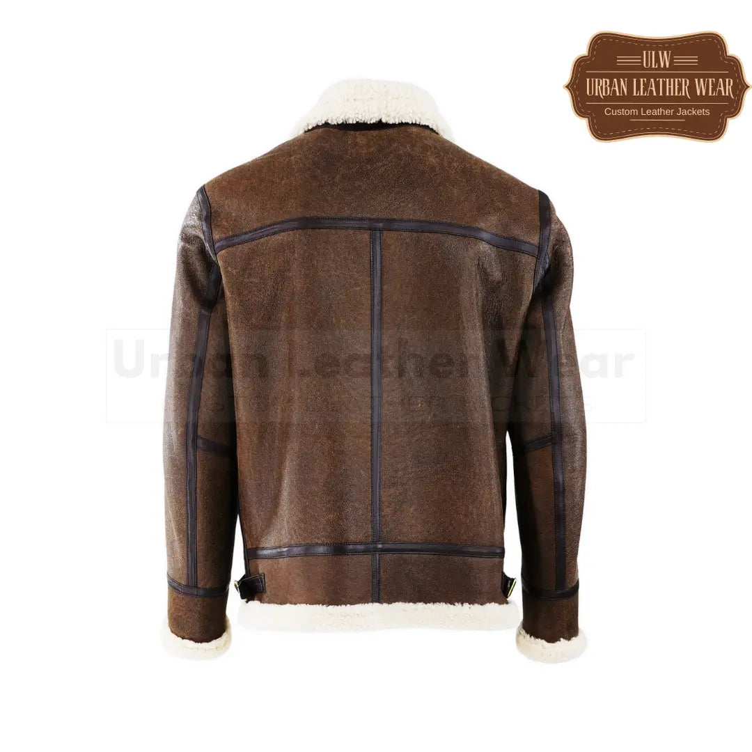 Men Shearling Leather Bomber Jacket Brown

