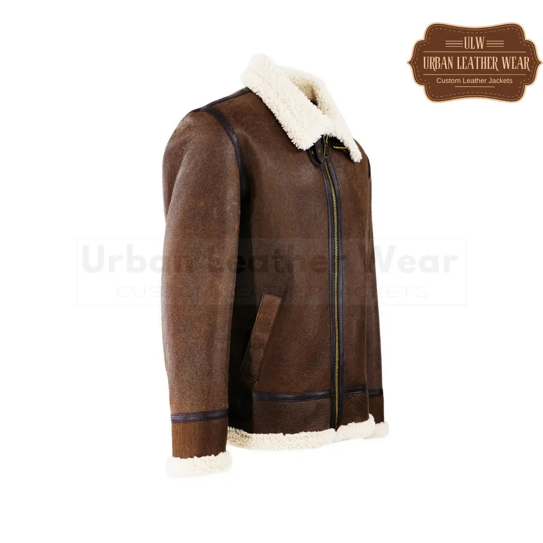 Men Shearling Leather Bomber Jacket Brown

