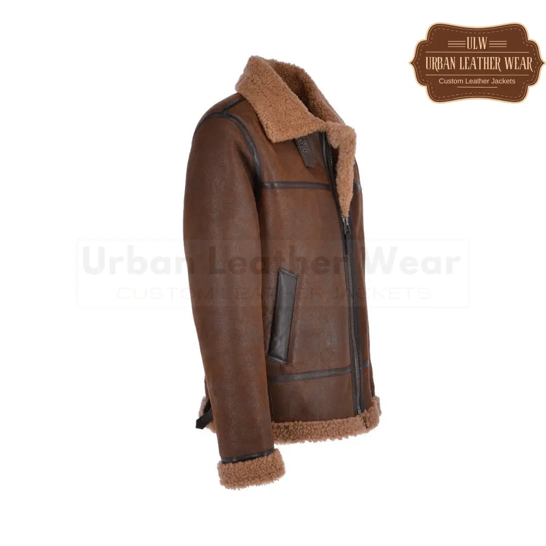 Men Shearling Leather Flying Jacket (Brown)