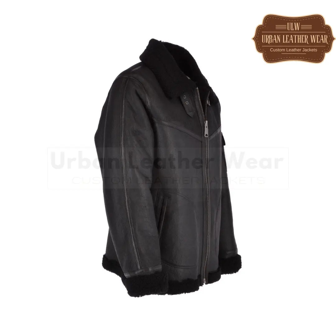 Men Shearling Pilot Leather Jacket Black