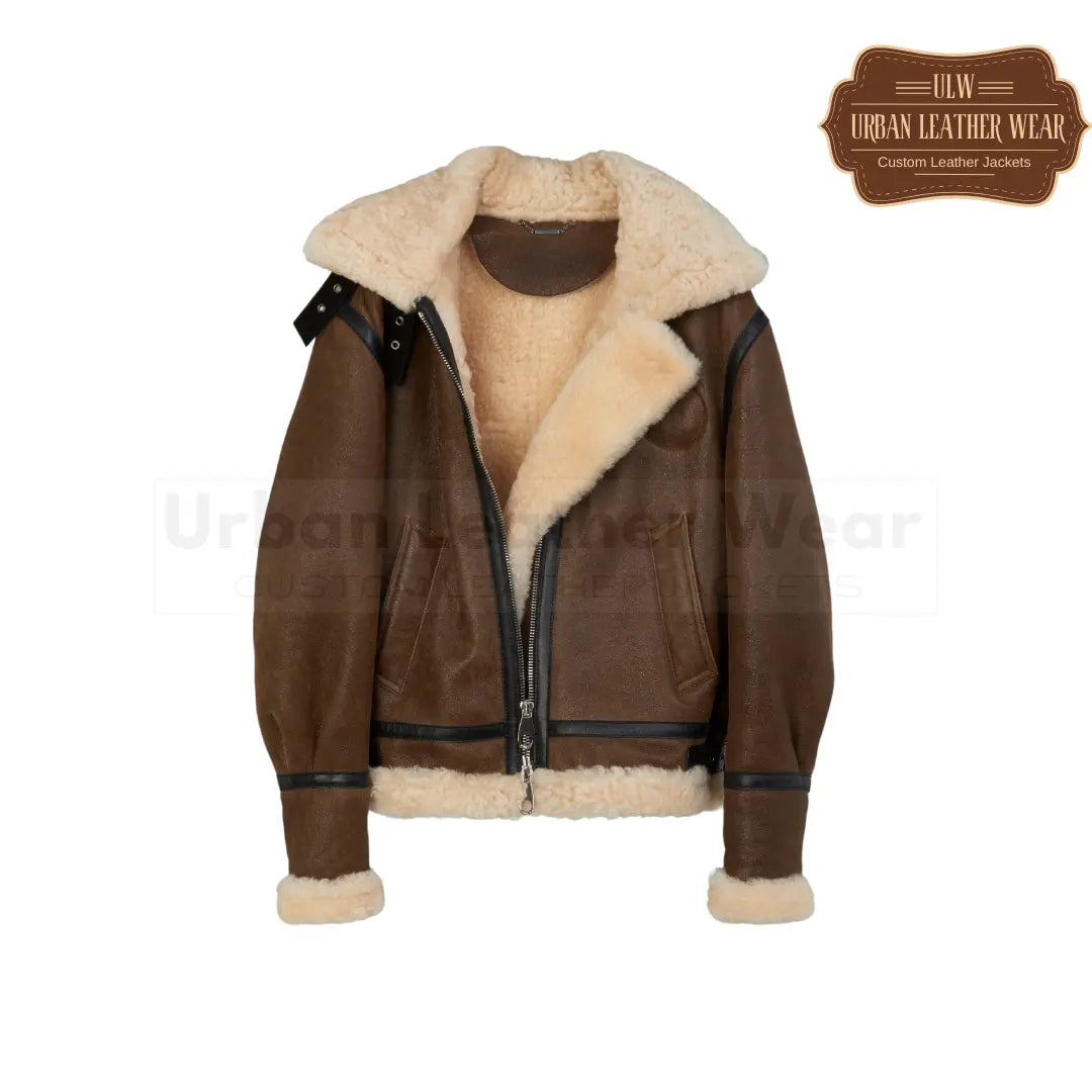 Men Shearling aviator Leather jacket with hood

