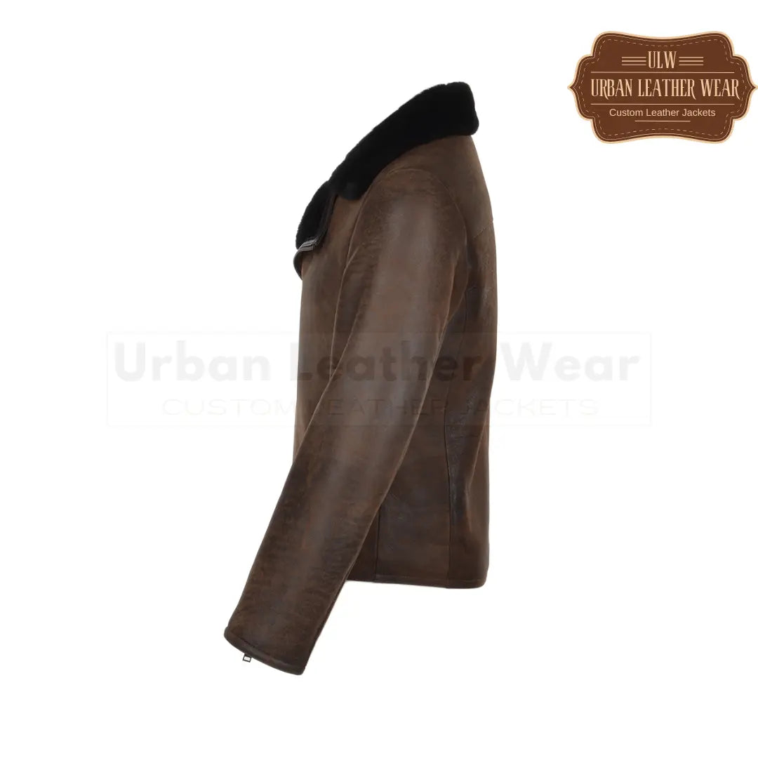 Men Side Zip Biker Pilot Shearling Jacket Brown