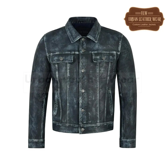 Shop our Men's Truckers Real Leather Jacket in Navy Vintage!