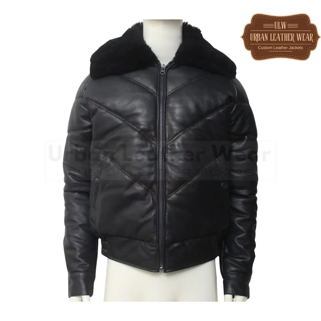 Men V Bomber Leather Puffer Down Jacket