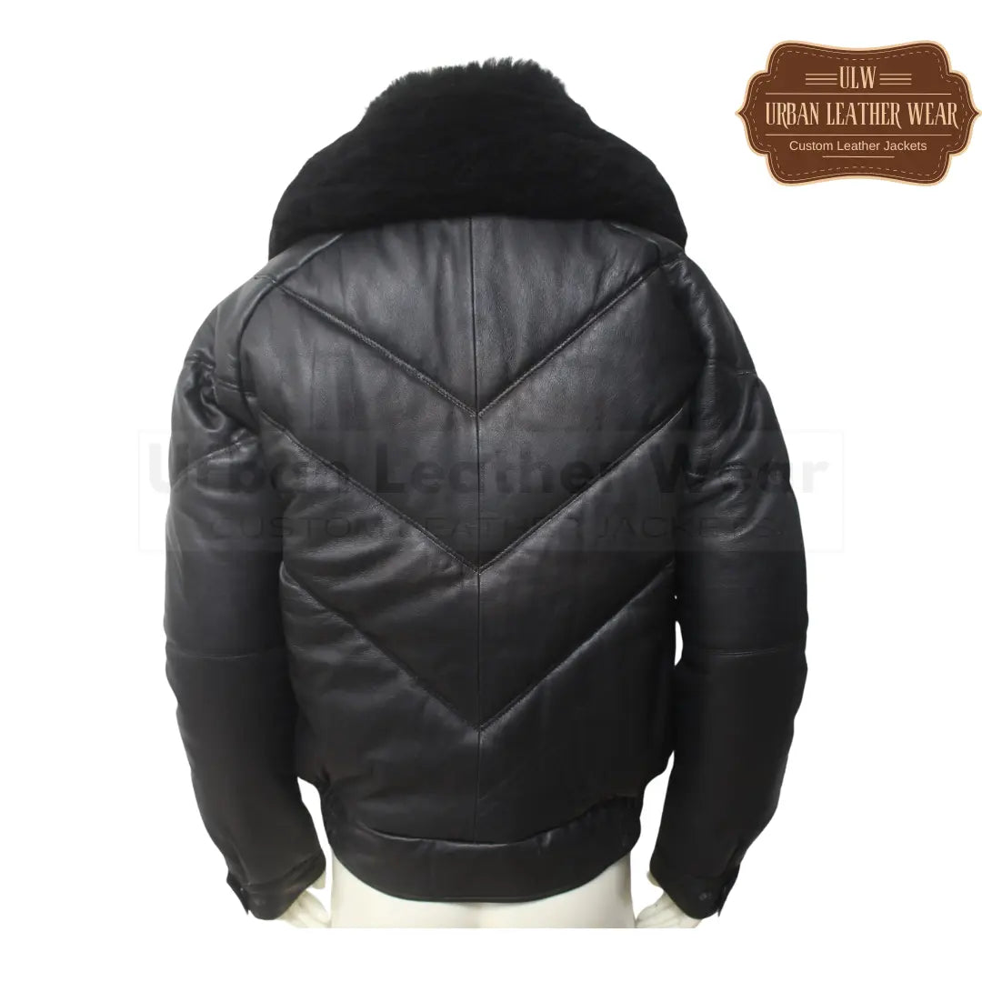 Men V Bomber Leather Puffer Down Jacket