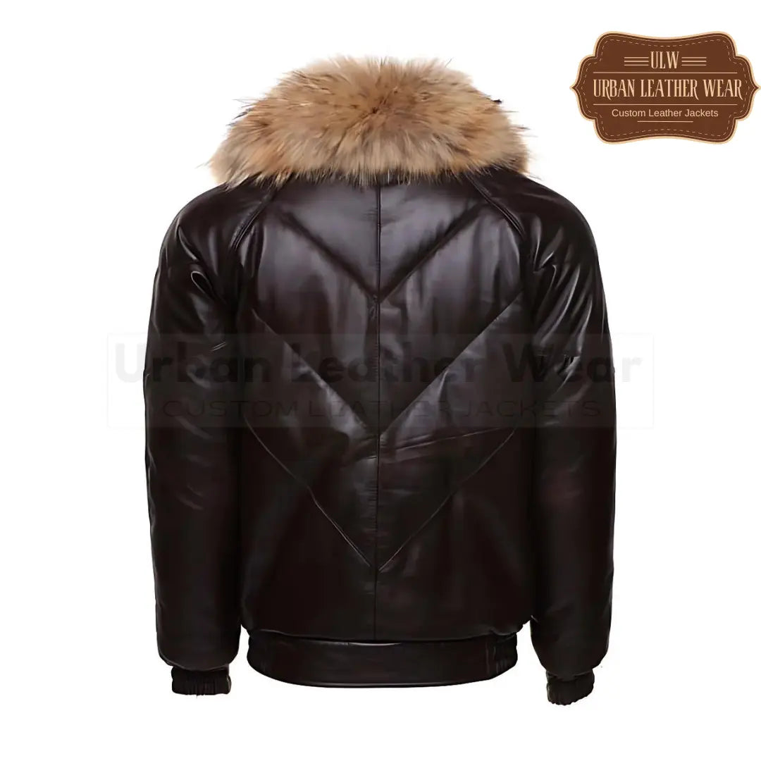 Men V-Bomber Puffer Leather Jacket in luxurious brown leather