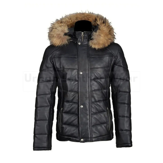 Men Winter Leather Jacket With Fur On Hoodie

