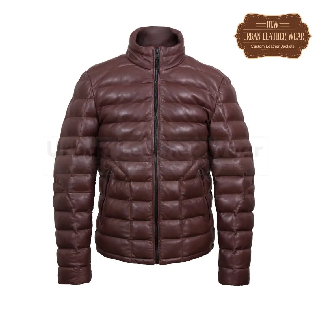 Men burgundy puffer leather jacket with a front YKK zip closure, two outer pockets, and soft polyester lining, showcasing a sleek and durable design.