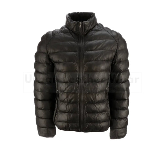 Men's leather puffer jacket with YKK zip closure, premium full-grain leather, two outer pockets, and soft polyester lining for comfort.