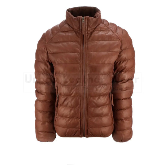 Men's leather puffer jacket with YKK zip closure, premium full-grain leather, two outer pockets, and soft polyester lining for comfort.