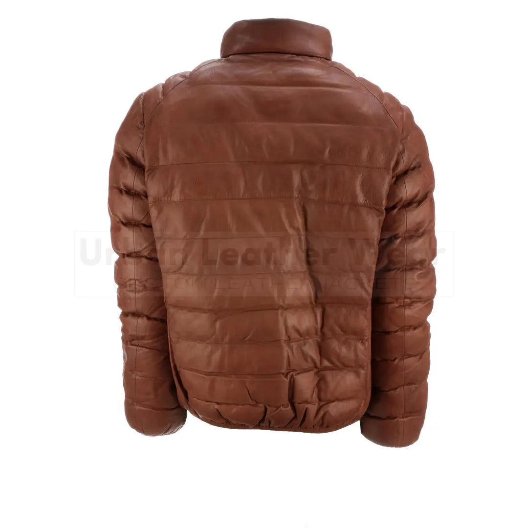 Men's leather puffer jacket with YKK zip closure, premium full-grain leather, two outer pockets, and soft polyester lining for comfort.