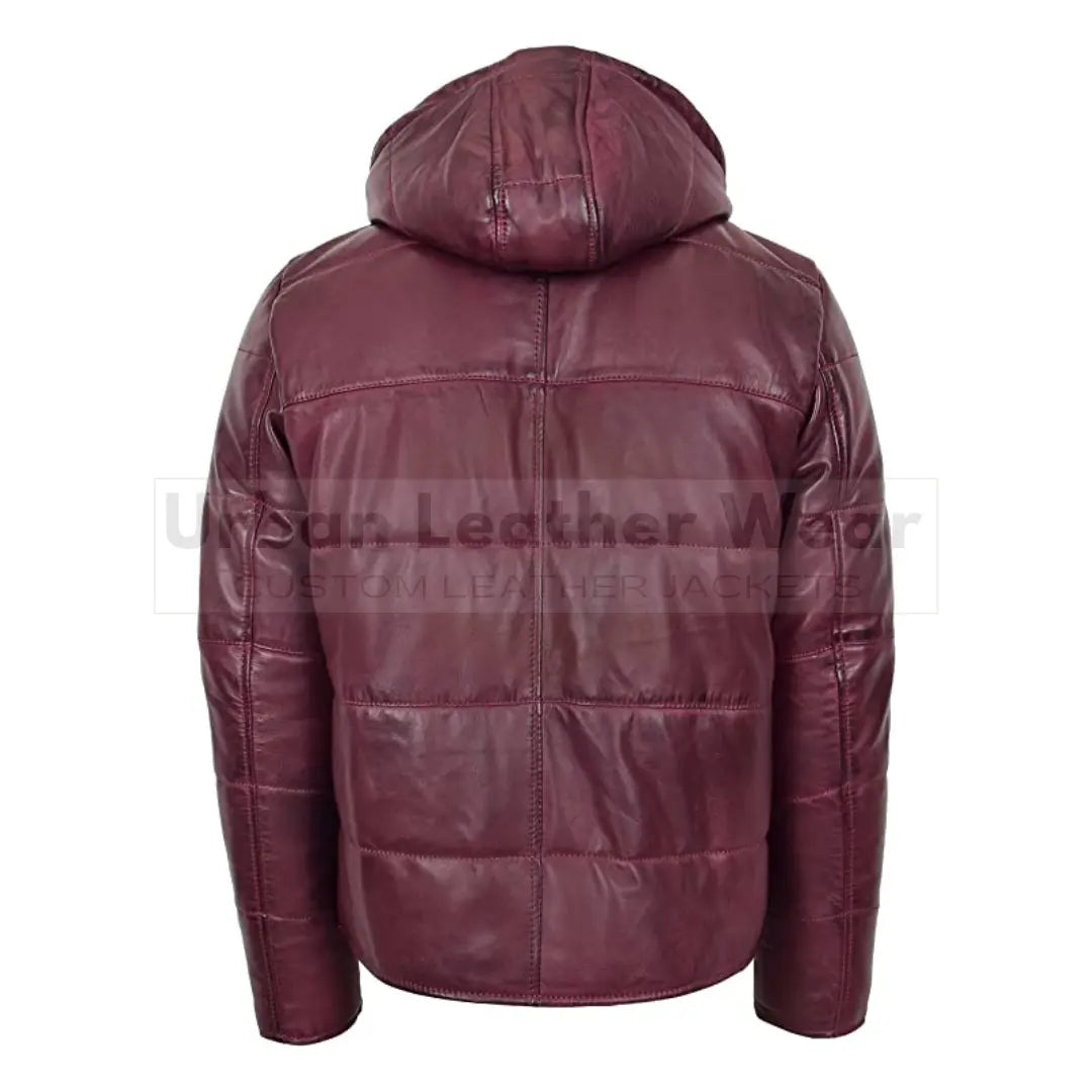 Men real leather puffer jacket fully padded with hood (Red)

