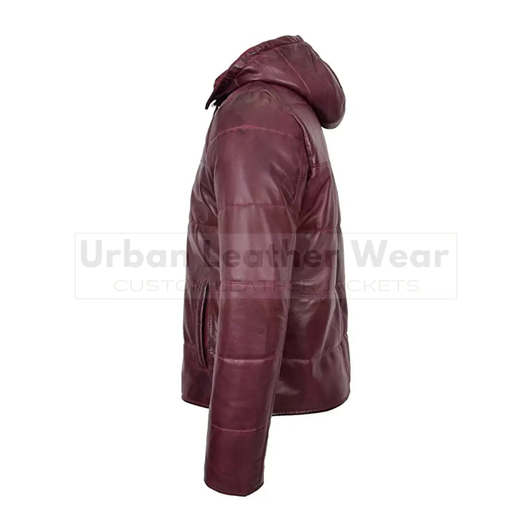 Men real leather puffer jacket fully padded with hood (Red)

