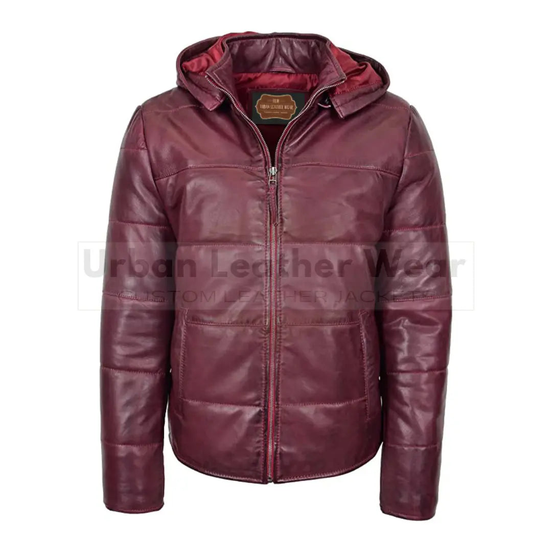 Men real leather puffer jacket fully padded with hood (Red)

