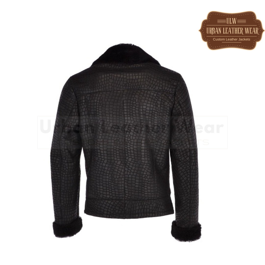 Men Crocodile Print Shearling Leather Coat Black

