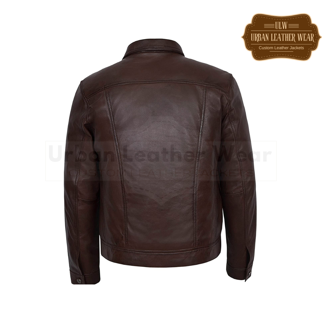 Men Leather Trucker Jacket American Denim style Shirt Brown