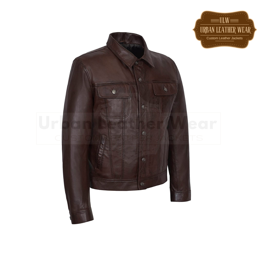 Men Leather Trucker Jacket American Denim style Shirt Brown