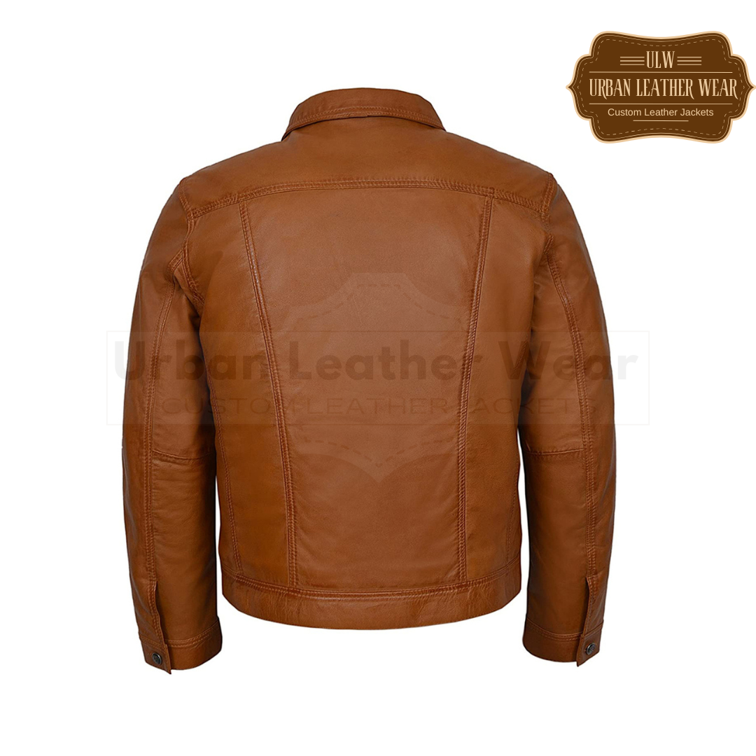 Men Leather Trucker Jacket Denim style Shirt Cognac Tan
