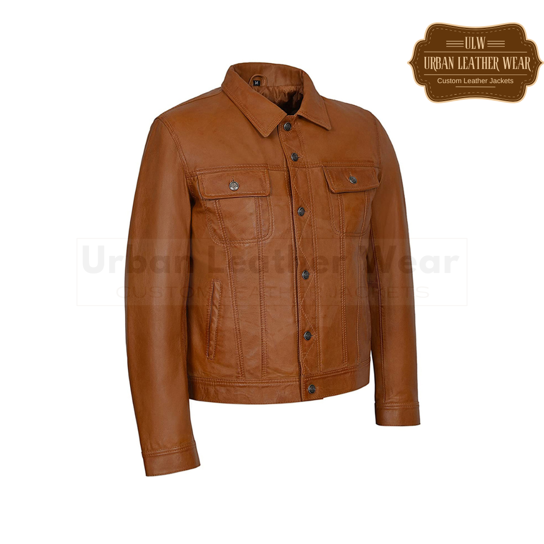 Men Leather Trucker Jacket Denim style Shirt Cognac Tan
