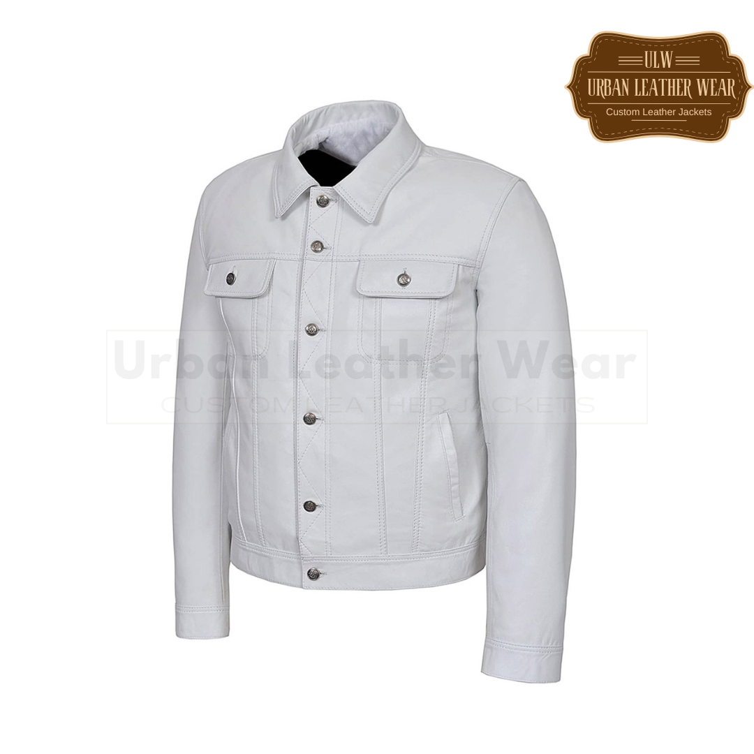 Men Leather Trucker Jacket Denim Jacket White