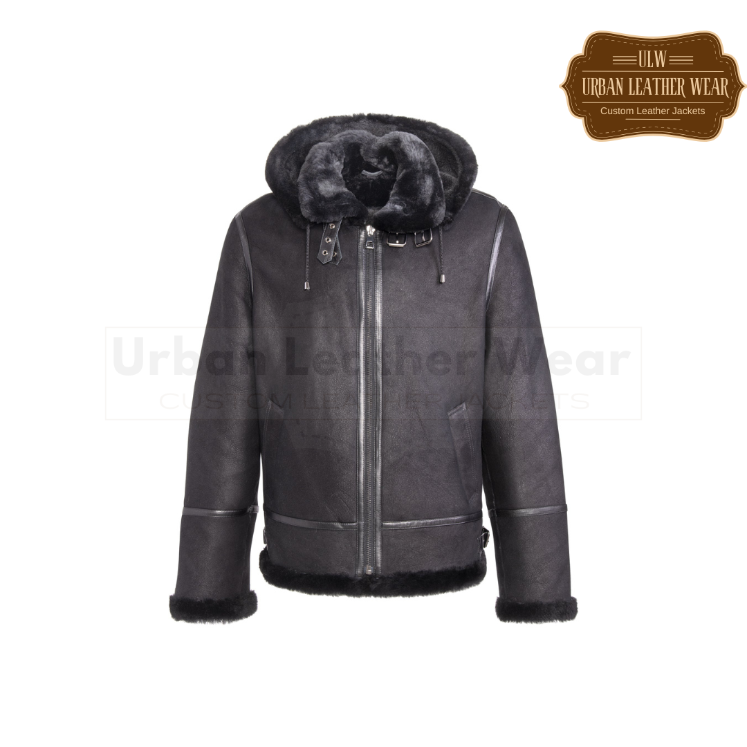 Men Hooded Leather Aviator Jacket Black URBAN LEATHER WEAR LTD