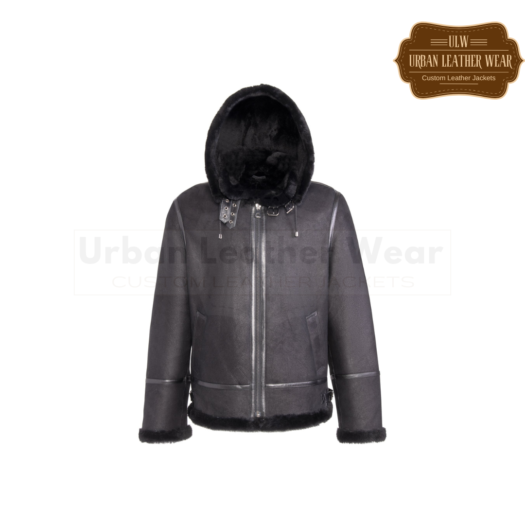 Men Hooded Leather Aviator Jacket Black URBAN LEATHER WEAR LTD