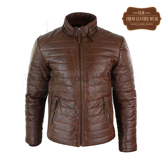 Men Real Leather Quilted Puffer Zipped Jacket Brown

