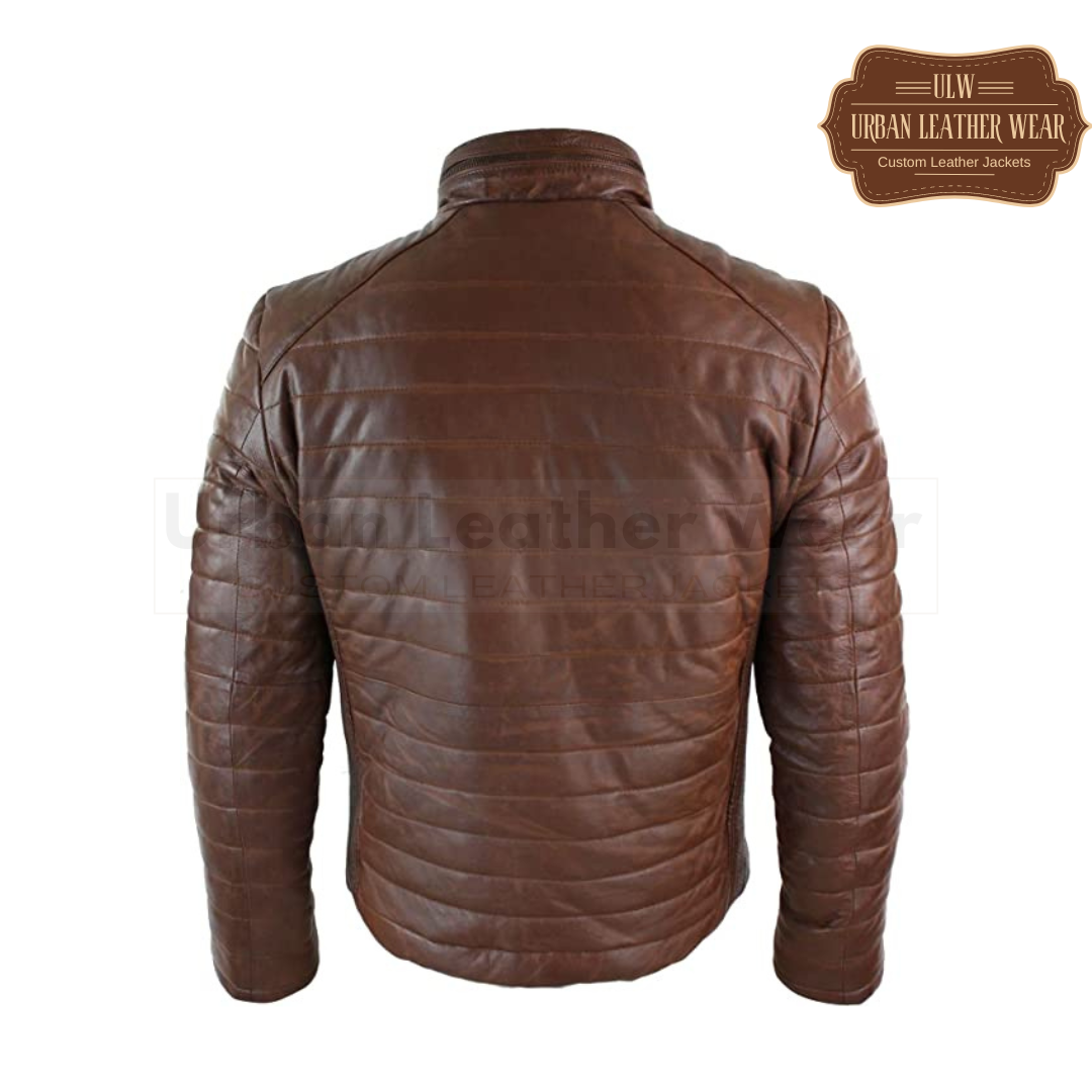 Men Real Leather Quilted Puffer Zipped Jacket Brown

