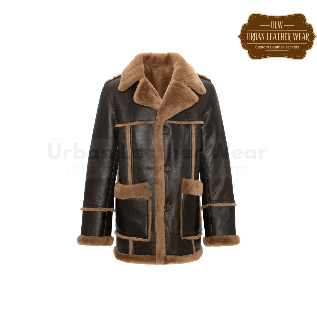 Men retro shearling jacket brown coat URBAN LEATHER WEAR LTD