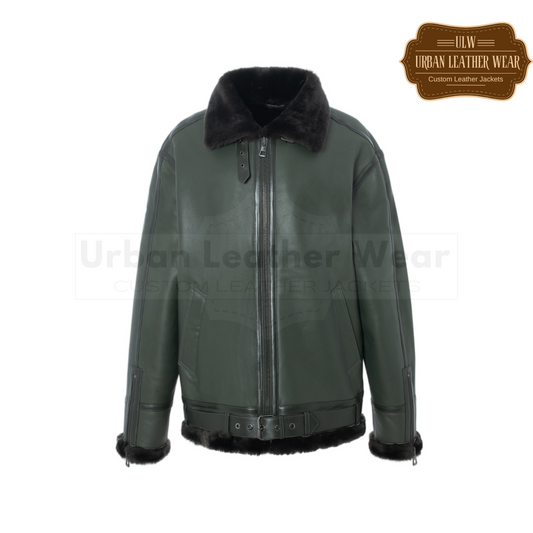 Men Shearling Sheepskin Moto Jacket olive URBAN LEATHER WEAR LTD