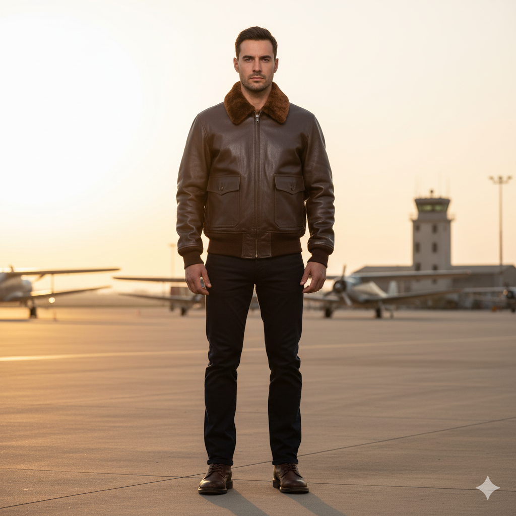 Front view of Men Aviator Jacket Type G-1, Man wearing G-1 Aviator Jacket 
