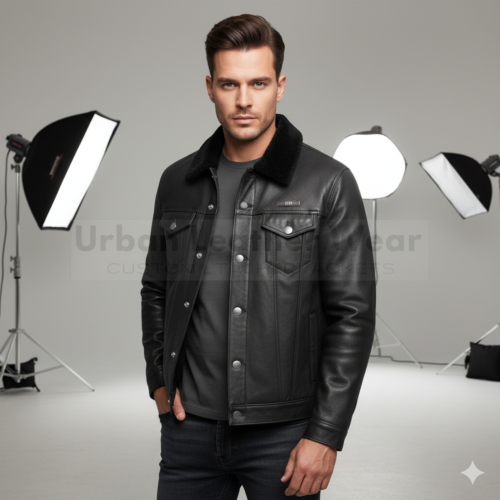 Front view of Men Classic Shearling Leather Trucker Jacket Black