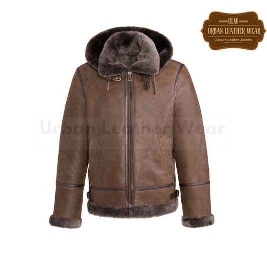 Men Hooded Leather Aviator Jacket Tobacco URBAN LEATHER WEAR LTD