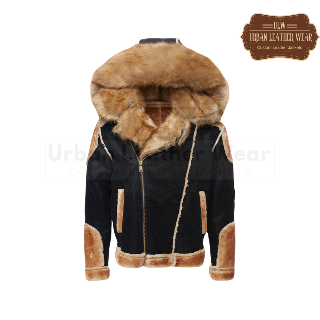 Men B3 Shearling Leather Bomber Jacket Hooded

