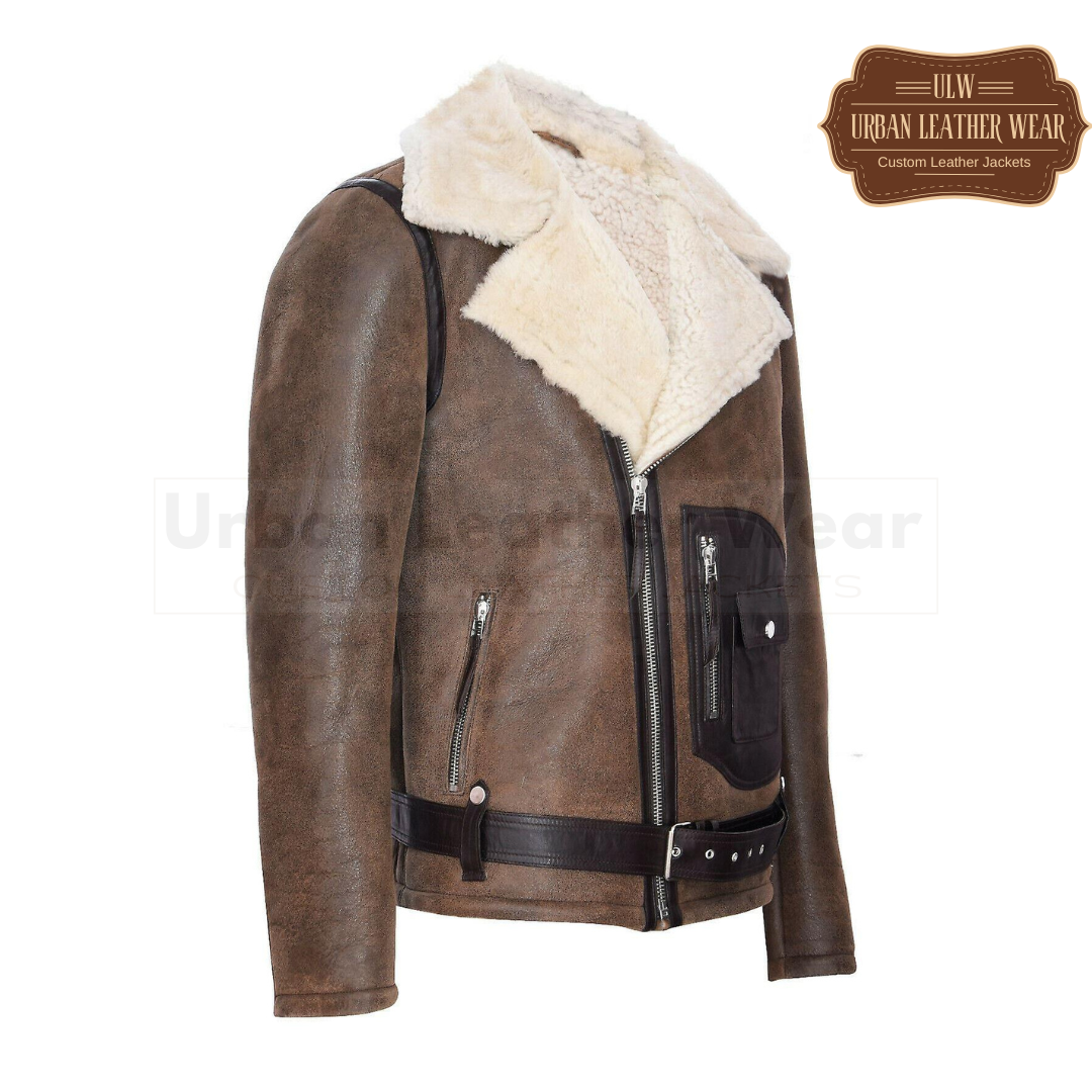 Men Brown Shearling Biker Leather Jacket
