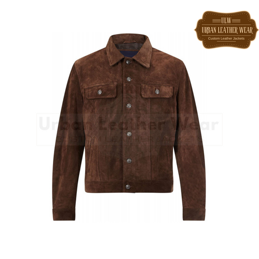 Men Dark Brown Suede Trucker Jacket