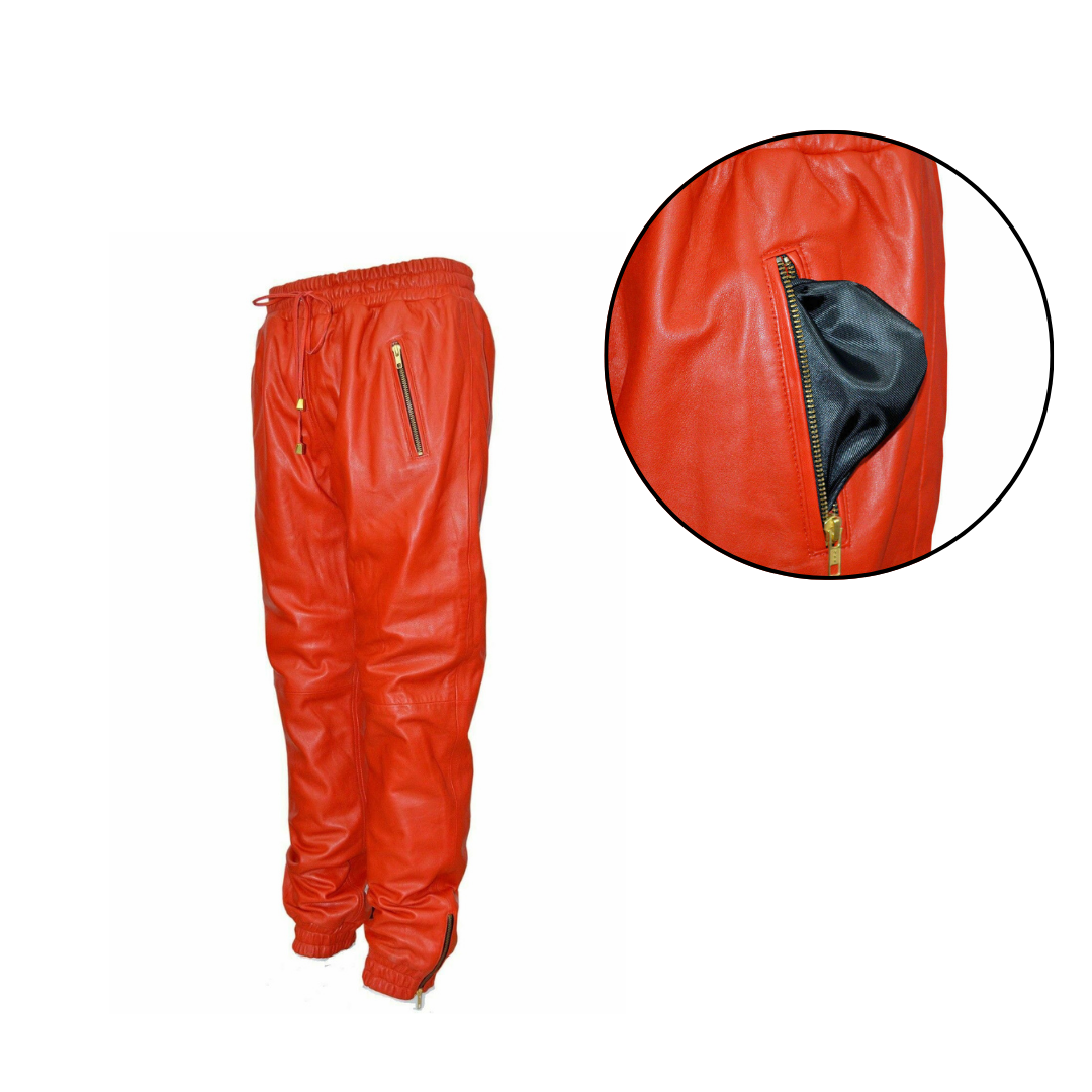 Men Jogger Red Real Soft Leather Pant URBAN LEATHER WEAR LTD