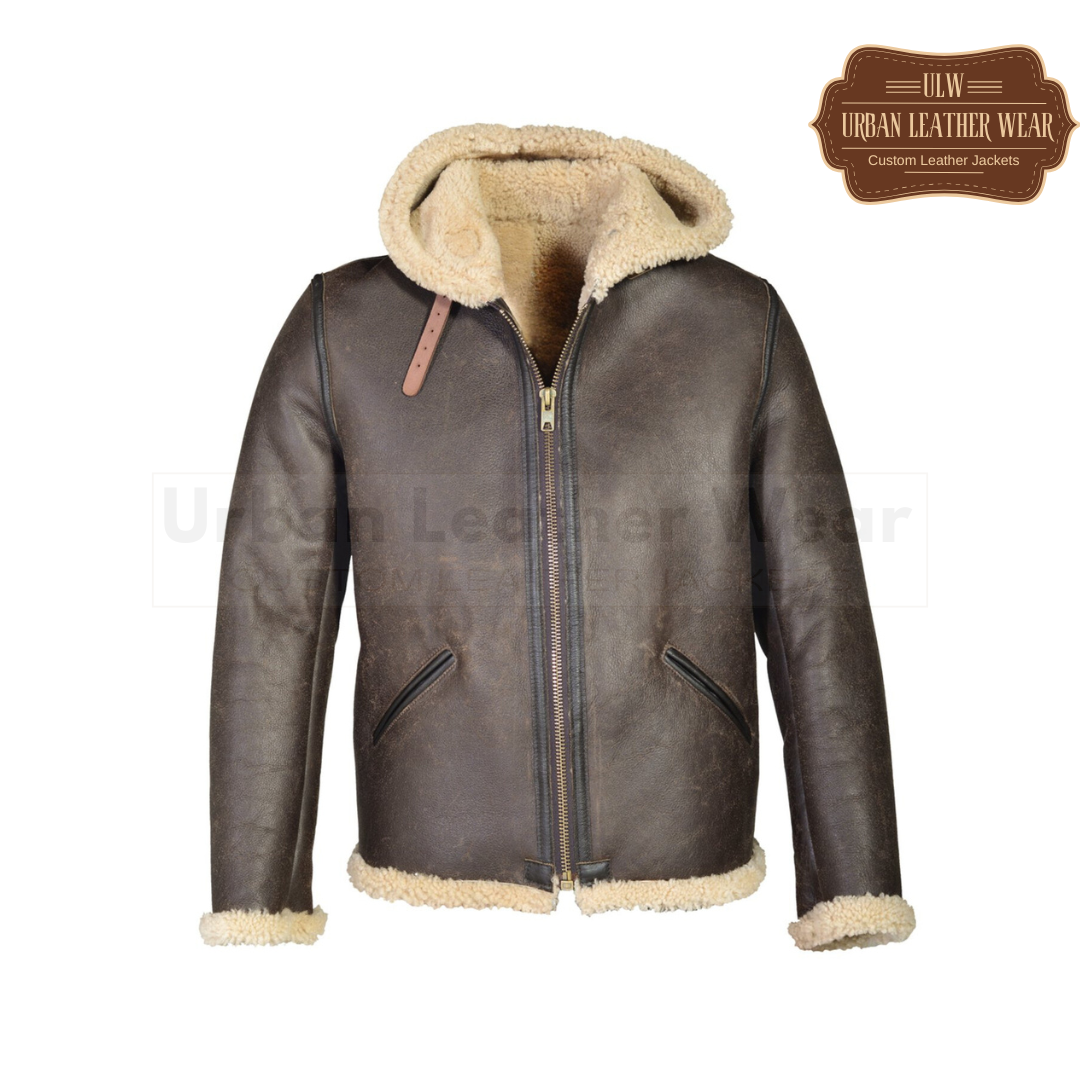 Men Hoodie Shearling Leather Jacket Brown