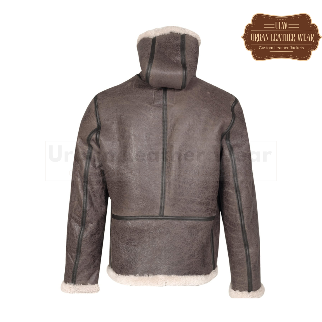 Men Hoodie Shearling Leather Jacket Brown

